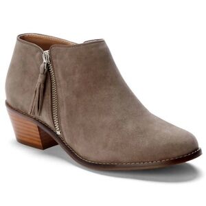 NEW! Vionic Joy Serena Ankle Booties Greige Tan Gray 6/37 EU Zipper Stacked Heel